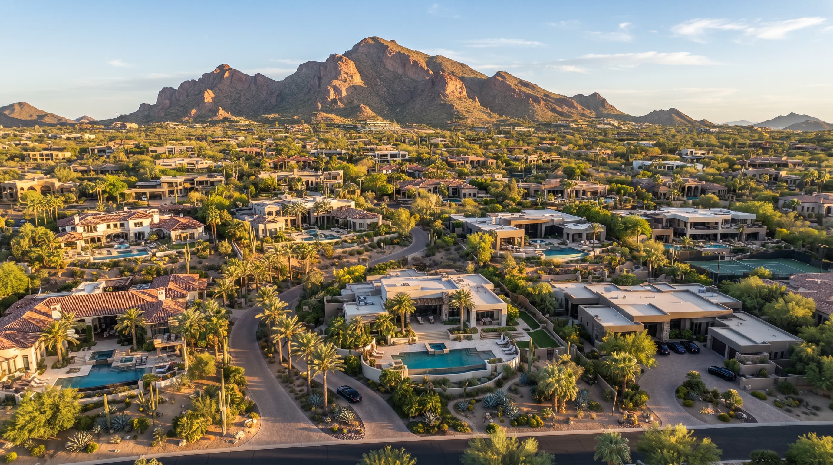 Aerial view of luxury desert estates near Camelback Mountain in Scottsdale, Arizona